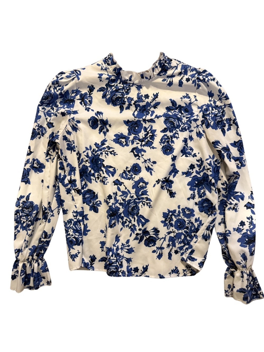 White Long-Sleeve Top with Blue Floral Print